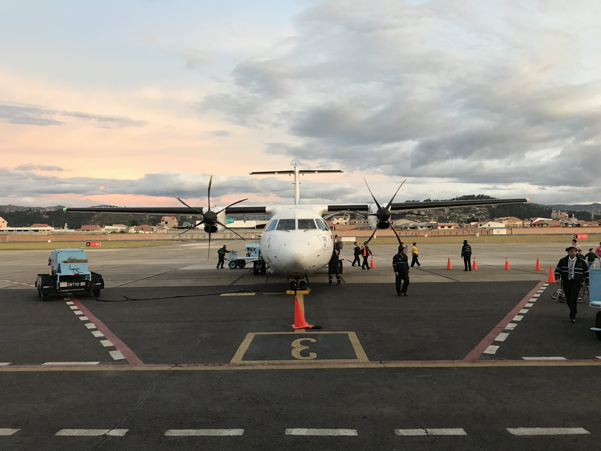 Cuenca airport is right in the city, so landing in our small plane from Quito at dusk was beautiful