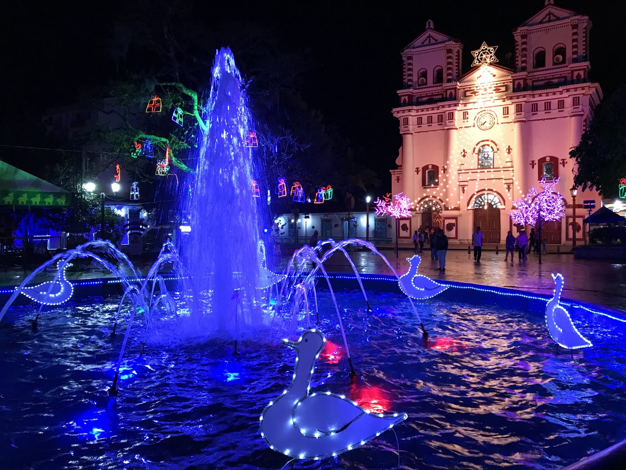 Christmas lights in Guatapé's main square